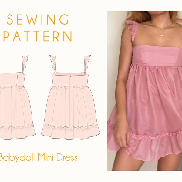 Babydoll Mini Dress Sewing Pattern Babydoll Puff Dress Pattern Flutter Sleeves Gathered Skirt Ruffled Hem Fairy Dress XXS - XXL