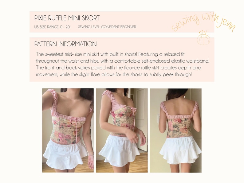 May include: A white mini skirt with a ruffle hem and a pink floral print top. The skirt is designed to be worn with built-in shorts, creating a layered look. The top has a square neckline and thin straps.