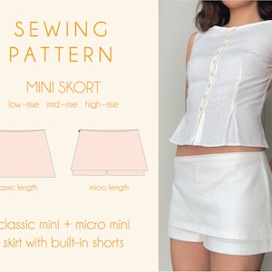 Mini Skort built in Shorts Micro Mini Skirt Option Low Rise Mid Rise High Rise Skort Sewing Pattern Digital PDF XXS – XXL