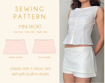 Mini Skort built in Shorts Micro Mini Skirt Option Low Rise Mid Rise High Rise Skort Sewing Pattern Digital PDF XXS – XXL
