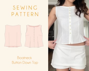 Boatneck Button Down Top Sleeveless Blouse Sewing Pattern Digital PDF 0-20 with D-cup option