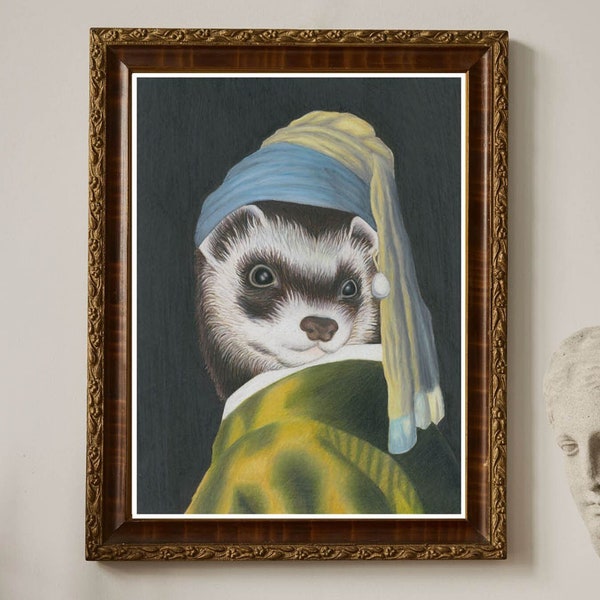 Ferret With A Pearl Earring by Clumsy Human Art | Johannes Vermeer | Girl With Pearl Earring | Ferret Room Decor | Ferret Illustration print