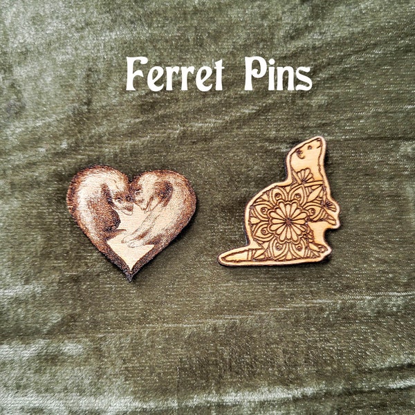 Ferret Pin | Set of two ferret brooch pins | Original weasel art | Handmade wood pins for purses, backpacks and coats
