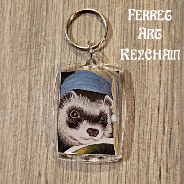 Ferret Keychain | Ferret with a Pearl Earring by Clumsy Human Art key ring | Gift for weasel lovers