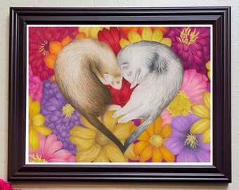 Ferret Art Print | Colorful floral pet portrait
