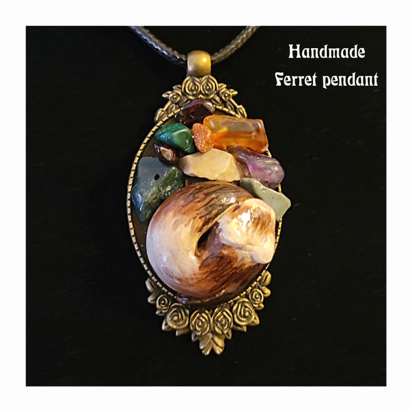 Ferret Necklace | Hand painted polymer clay weasel and mixed chip rough stone beads on metal charm | Ferret lover gift