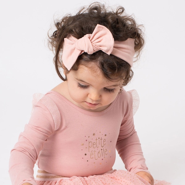 Bandeau cheveux bébé fille jersey bio rose clair, accessoire cheveux enfant ajustable 0-5 ans