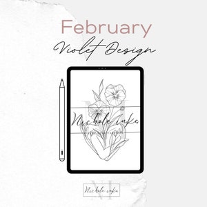 May include: A digital illustration of a violet flower design on a tablet screen. The design is in black and white and features three violet flowers with leaves. The text "Nichole Inka Fine Line Tattoos" is visible on the screen.