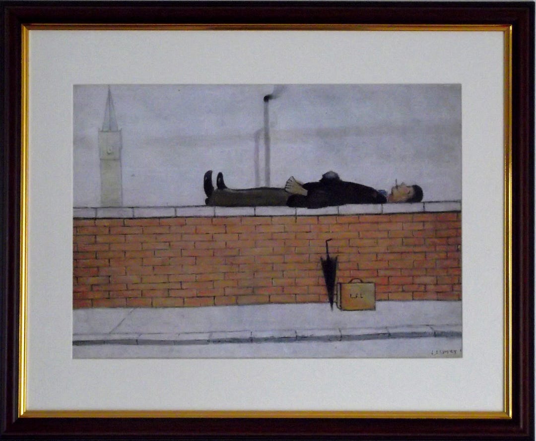 L.S. Lowry Style Framed Canvas Art Print – Man Lying On Wall, Deep Floater Effect, Naive Art, Modern Reproduction 2 thumbnail image