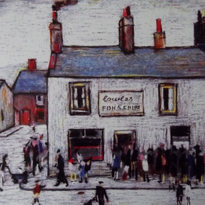 May include: A watercolour painting depicting a bustling street scene in front of a white building with a sign reading "Bowles Fish & Chips". The building has a blue roof and red brick chimneys. There are numerous people in the street, some of whom are queuing to buy fish and chips.