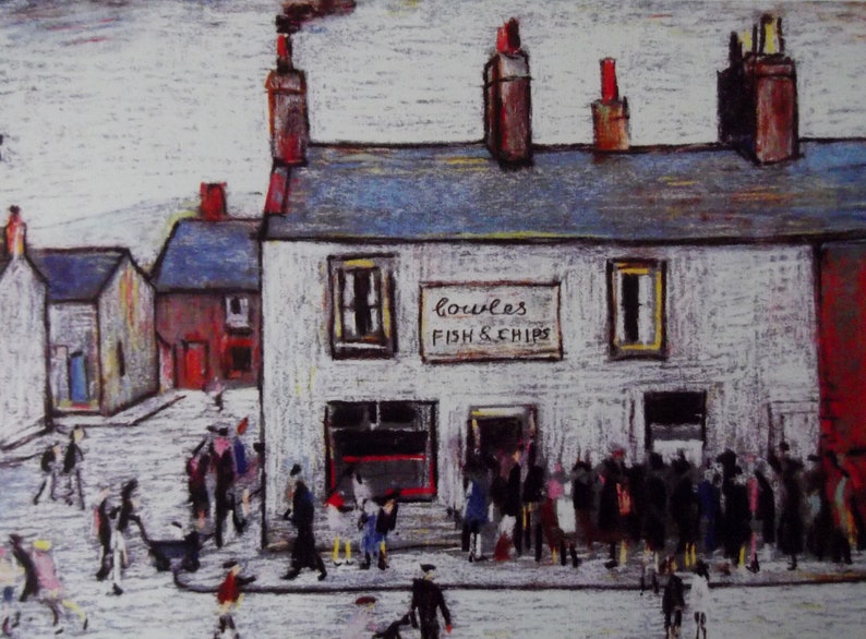 May include: A watercolour painting depicting a bustling street scene in front of a white building with a sign reading "Bowles Fish & Chips". The building has a blue roof and red brick chimneys. There are numerous people in the street, some of whom are queuing to buy fish and chips.