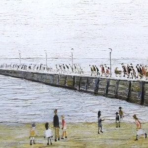 May include: A painting depicting a pier stretching out into the water, with a line of people walking along it. A small group of people can be seen on the beach in the foreground.