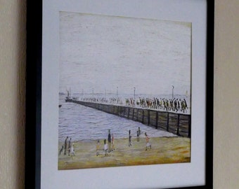 May include: A framed painting depicting a black and white pier with people walking along it. The pier stretches out into the water, and there are figures on the beach in the foreground. The sky is a pale grey.