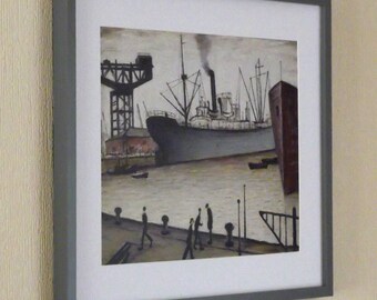 May include: A framed black and white painting depicting a ship docked at a harbour. The ship is large and has a tall mast. There are people walking along the dock in the foreground.