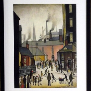 May include: A painting depicting a street scene in a city with tall buildings, smoke stacks, and a crowd of people walking. The painting is done in a muted colour palette with shades of grey, brown, and black.