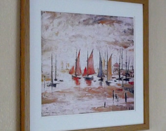 May include: A framed painting depicting a seascape with sailboats in a harbour. The sky is a light grey with a few clouds. The water is a light brown colour. The sailboats are a variety of colours, including red, blue, and yellow.
