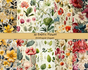 Paquete de 30 hojas de flores exóticas, sublimación floral, papel digital para scrapbooking digital, fondos web, 12 x 12 pulgadas, uso comercial