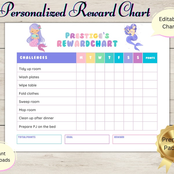 Printable Mermaid Reward Chart, Mermaid Behavior Chart, Daily Chore Chart, Girl Chore Chart, Cute Under the Sea Sticker Chart, editable pdf