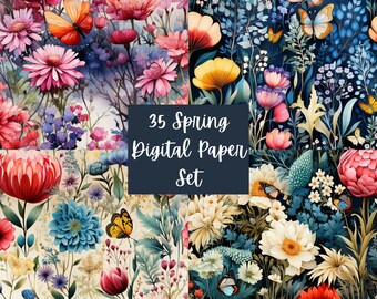 35 Papeles digitales florales de primavera con fondos de flores y pájaros, Descarga instantánea, Sublimación, Uso comercial, Papel imprimible