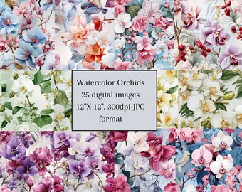 Elegante papel digital de flor de orquídea acuarela para scrapbooking, descarga instantánea