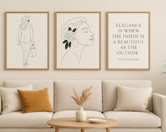 Set de arte lineal de moda: Arte mural imprimible minimalista de chica elegante con rostro / Cita de Coco Chanel / Descarga instantánea / Decoración femenina moderna