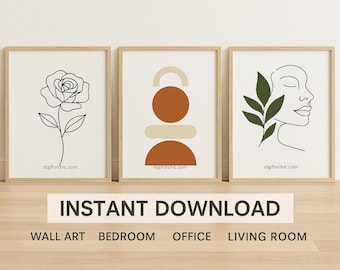 Conjunto de 3 láminas minimalistas de arte mural: rosa botánica, formas abstractas y rostro con líneas. Descarga digital. Decoración neutra para el hogar.