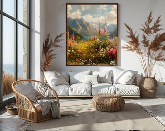 Foxglove Flowers Meadow Floral Botanical Landscape Wall Art, Impresión al óleo, Decoración de la pared del hogar, Descarga instantánea