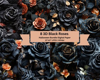 Papel digital de Halloween de rosas negras 3D, 8 diseños, 12x12 pulgadas, descarga instantánea, papel de álbum de recortes imprimible