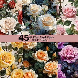 Rose Floral Medley Digital Paper - Oil Paint Flower Backgrounds - 45 Designs - 12x12in - Commercial Use - Floral Sublimation