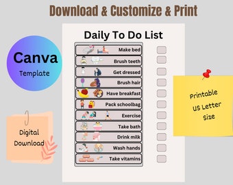 Plantilla Canva de tareas diarias para niños, lista de tareas con icono, gestión eficaz de tareas para niños, plantilla editable, gráfico imprimible