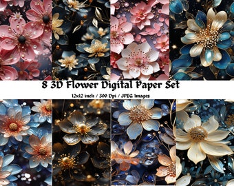 Juego de papel digital floral 3D/Archivos de sublimación/Papel para álbumes de recortes/8 imágenes únicas
