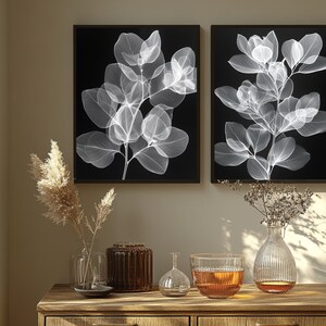 Può includere: Due stampe incorniciate in bianco e nero di illustrazioni botaniche di foglie di eucalipto su una parete bianca. Le stampe sono appese sopra un tavolo di legno con un vaso di erba della pampa secca, un vaso di vetro con fiori secchi, un vaso di vetro marrone, un vaso di vetro trasparente con un liquido marrone e una ciotola di vetro trasparente con un liquido marrone.