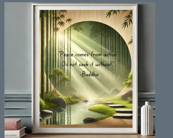 Descarga digital de arte con cita zen sobre el bambú apacible: arte mural con cita de Buda en formatos JPG y PNG