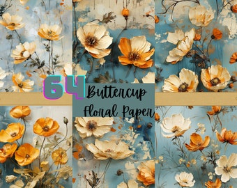 Papel digital Buttercup Floral Medley - Fondos de flores de pintura al óleo - 64 diseños - 12x12in - Uso comercial - Sublimación floral