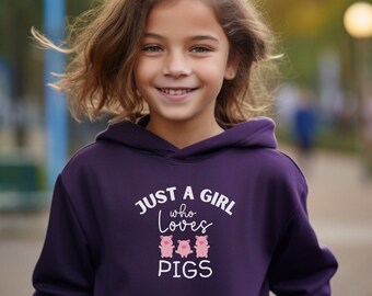 Sudadera con capucha con bonitos cerdos como regalo para niñas, Just a girl who love pigs / sudadera con capucha de talla juvenil / sudadera con capucha para amantes de los animales y los cerdos