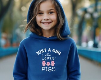 Sudadera con capucha con bonitos cerdos como regalo para niñas, Just a girl who love pigs / sudadera con capucha de talla juvenil / sudadera con capucha para amantes de los animales y los cerdos