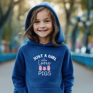 Sudadera con capucha con bonitos cerdos como regalo para niñas, Just a girl who love pigs / sudadera con capucha de talla juvenil / sudadera con capucha para amantes de los animales y los cerdos