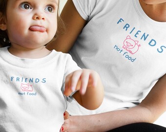 Mum and Toddler matching shirts, cute matching vegan tshirts for mum and vegan toddler, friends not food matching vegan tees.