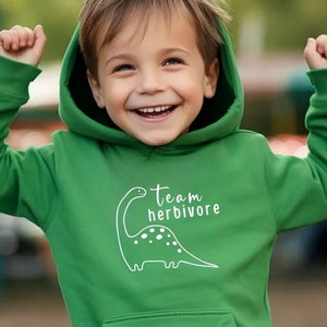 Vegan kids hoodie, Team Herbivore | cute vegan hoodie | gift for youth vegan dinosaur top | dinosaur graphic sweater for young animal lovers