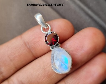 Colgante de piedra lunar arcoíris: joyería de granate en plata de ley