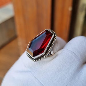 Garnet Coffin Shape Ring, 15x20mm Gemstone Ring, 925 Sterling Silver Ring, Handmade Ring, Coffin Ring, Silver Ring, Boho Ring, Birthday Gift