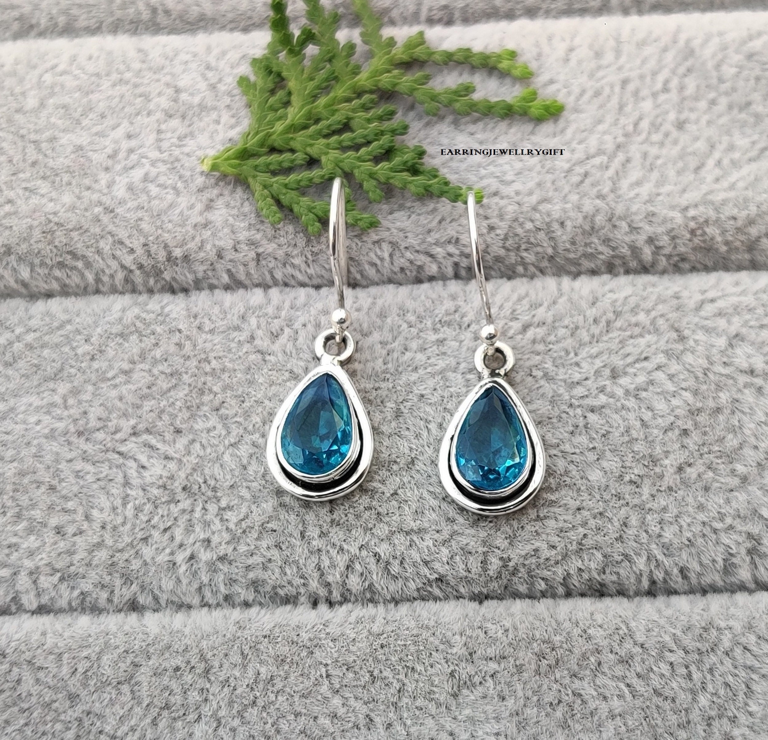 Boucles D'Oreilles Argent Sterling 925 - Topaze Bleue De Londres Naturelle - Pierres Ronde - Fait Main - Neuf