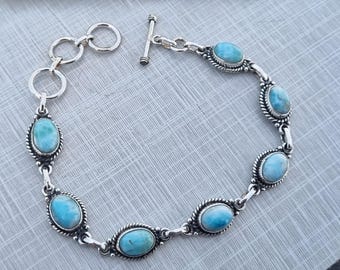 Bracciale Larimar fatto a mano: pietra preziosa ovale, argento sterling 925