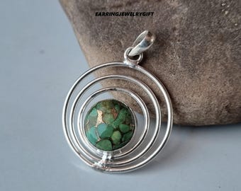 Green Copper Turquoise Pendant 925 Sterling Silver Gemstone Necklace