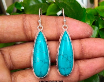 Teardrop Turquoise Earrings: Long Dangle, 925 Sterling Silver
