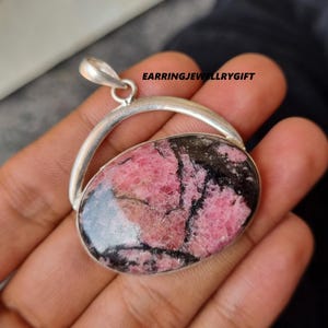 Handmade Rhodonite Pendant: 925 Sterling Silver Statement Necklace