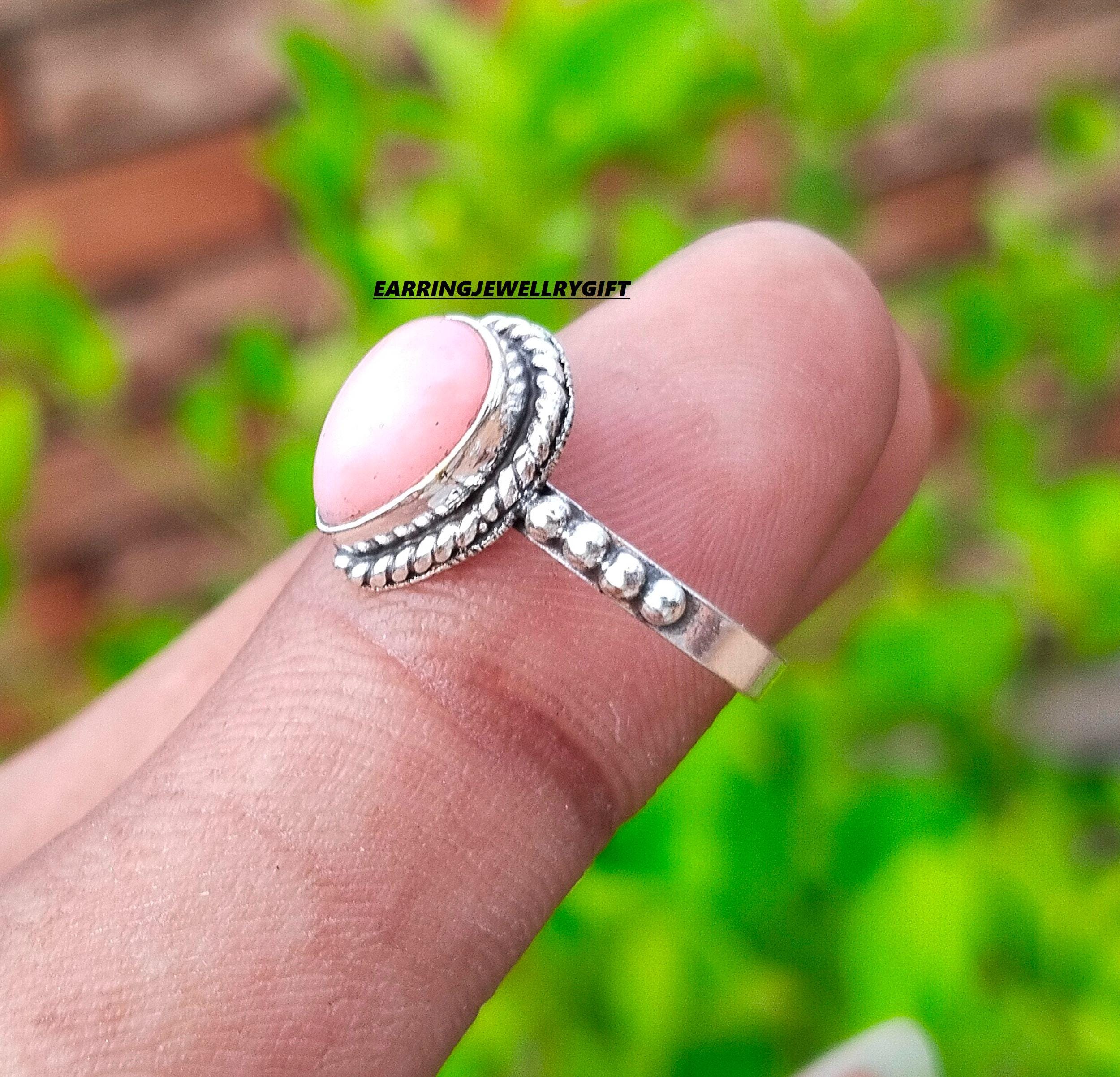 ハンドメイドのピンクオパールスターリングシルバーリング：記念日の