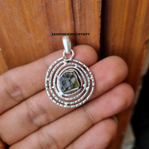 Raw Moldavite Pendant: Sterling Silver Round Necklace, Handmade Jewelry