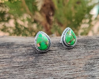 Green Copper Turquoise Silver Earrings | 925 Sterling Solid Silver Earrings | Pear Shape Gemstone Earrings | Christmas Gift | Gift For Her