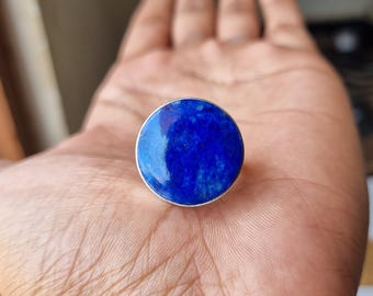 Anillo de plata de ley con lapislázuli: Joyería bohemia con piedra azul redonda